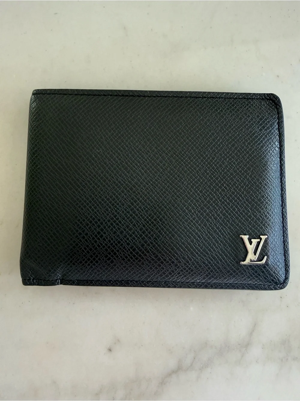 Louis Vuitton Black Textured Leather Card Holder with Silver LV Emblem